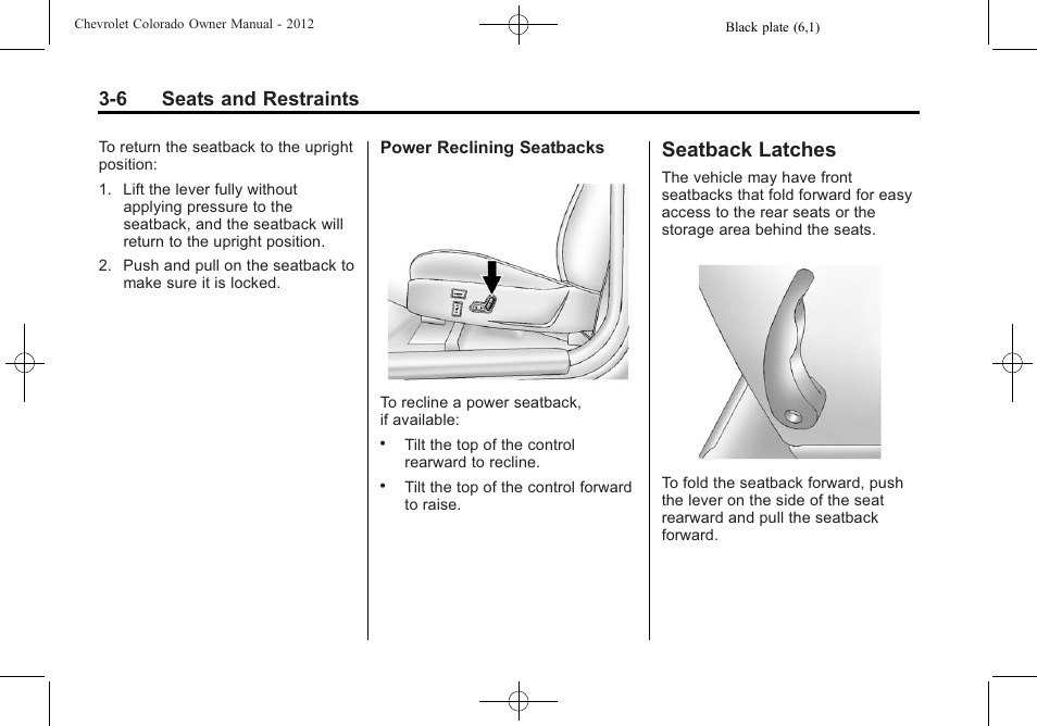 Seatback latches, Seatback latches -6, 6 seats and restraints | CHEVROLET 2012 Colorado User Manual | Page 54 / 408