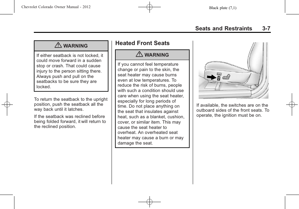 Heated front seats, Heated front seats -7 | CHEVROLET 2012 Colorado User Manual | Page 55 / 408