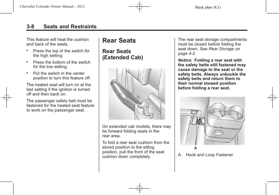Rear seats, Rear seats (extended cab), Rear seats -8 | Rear seats (extended cab) -8, 8 seats and restraints | CHEVROLET 2012 Colorado User Manual | Page 56 / 408