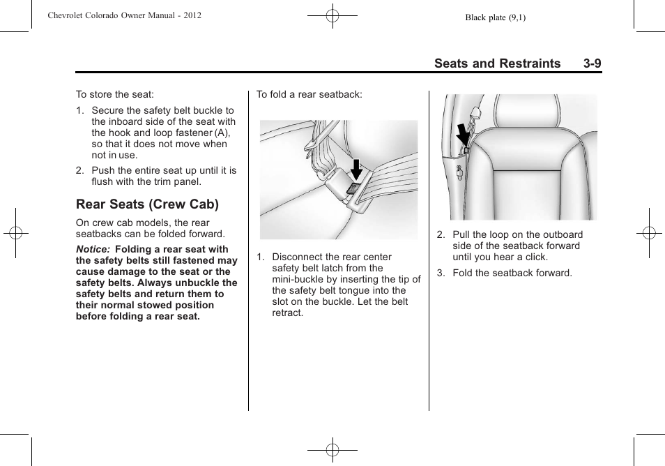 Rear seats (crew cab), Rear seats (crew cab) -9, Seats and restraints 3-9 | CHEVROLET 2012 Colorado User Manual | Page 57 / 408