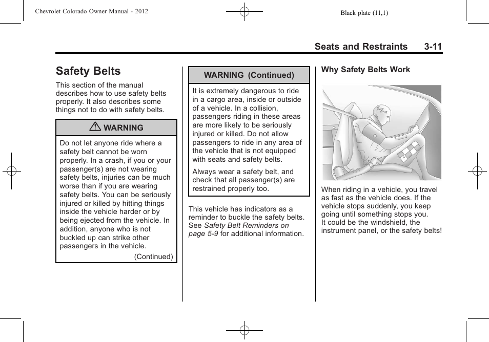 Safety belts, Safety belts -11 | CHEVROLET 2012 Colorado User Manual | Page 59 / 408