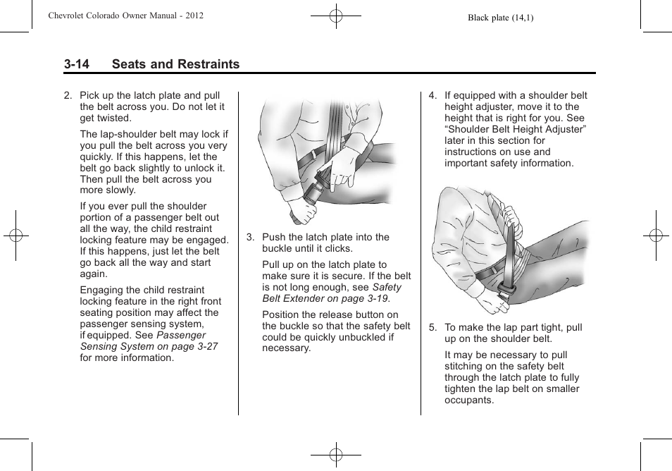 14 seats and restraints | CHEVROLET 2012 Colorado User Manual | Page 62 / 408