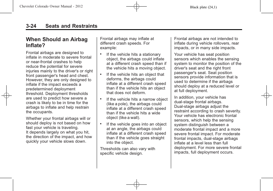When should an airbag inflate, When should an airbag, Inflate? -24 | 24 seats and restraints | CHEVROLET 2012 Colorado User Manual | Page 72 / 408