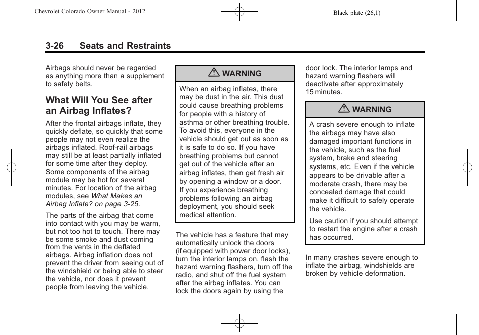 What will you see after an airbag inflates, What will you see after an, Airbag inflates? -26 | CHEVROLET 2012 Colorado User Manual | Page 74 / 408