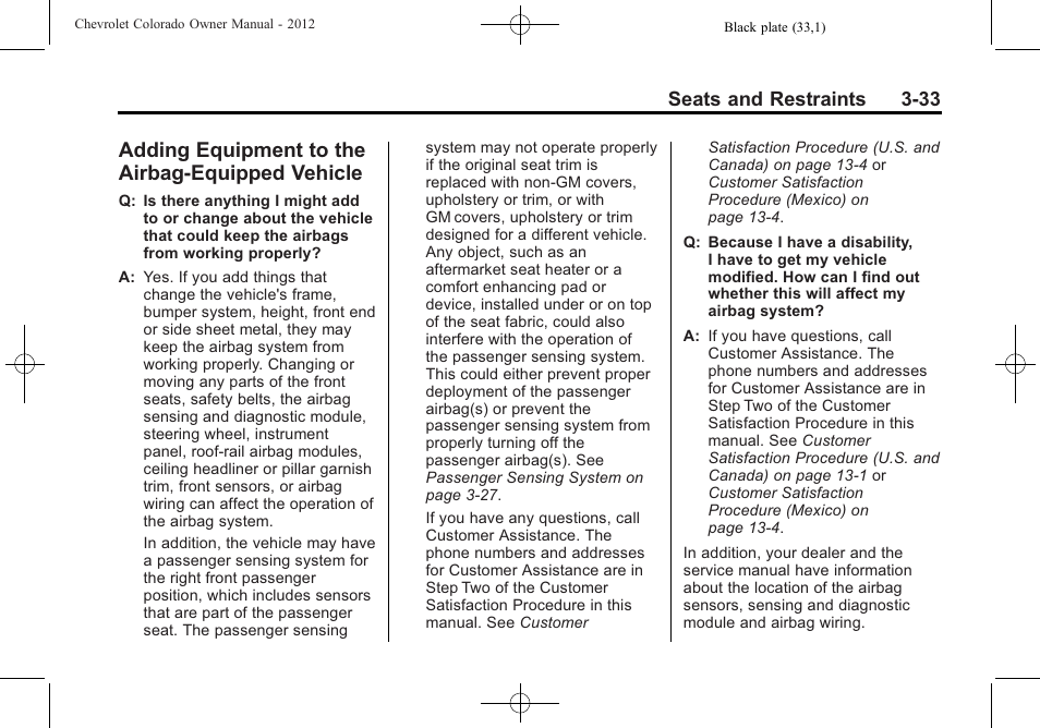 Adding equipment to the airbag-equipped vehicle, Adding equipment to the, Airbag-equipped vehicle -33 | CHEVROLET 2012 Colorado User Manual | Page 81 / 408