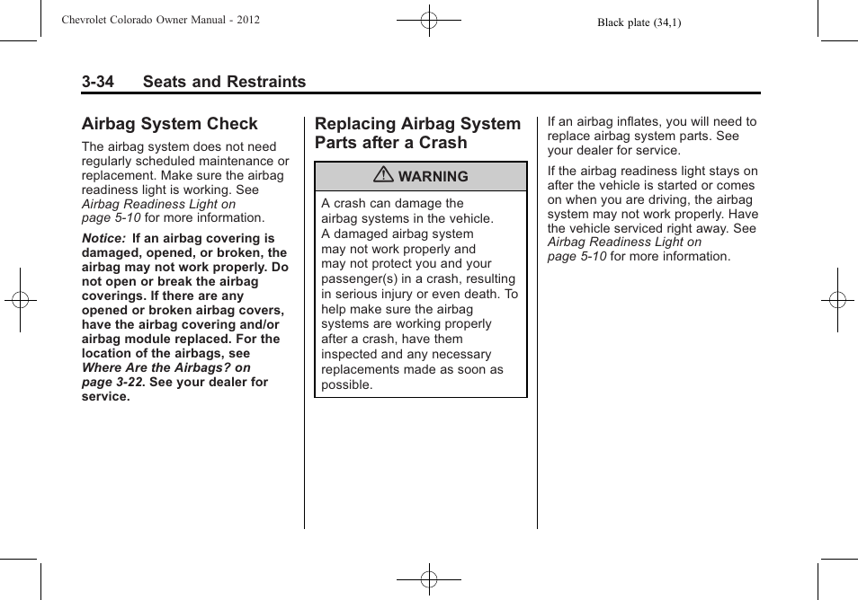 Airbag system check, Replacing airbag system parts after a crash, Airbag system check -34 replacing airbag system | After a crash -34 | CHEVROLET 2012 Colorado User Manual | Page 82 / 408
