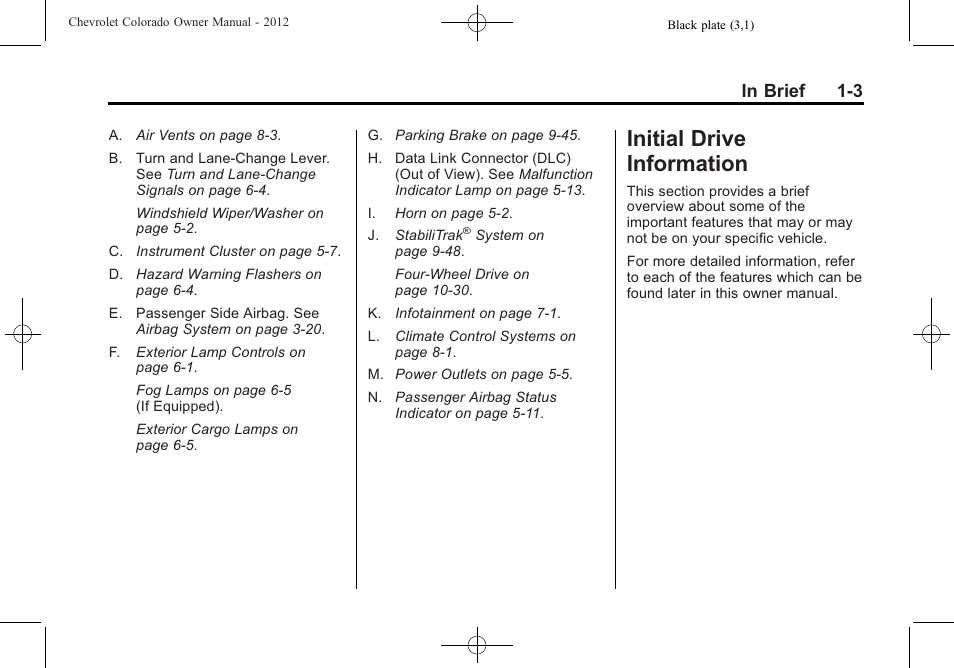 Initial drive information, Initial drive information -3, Warning lights, gauges, and | Brakes | CHEVROLET 2012 Colorado User Manual | Page 9 / 408