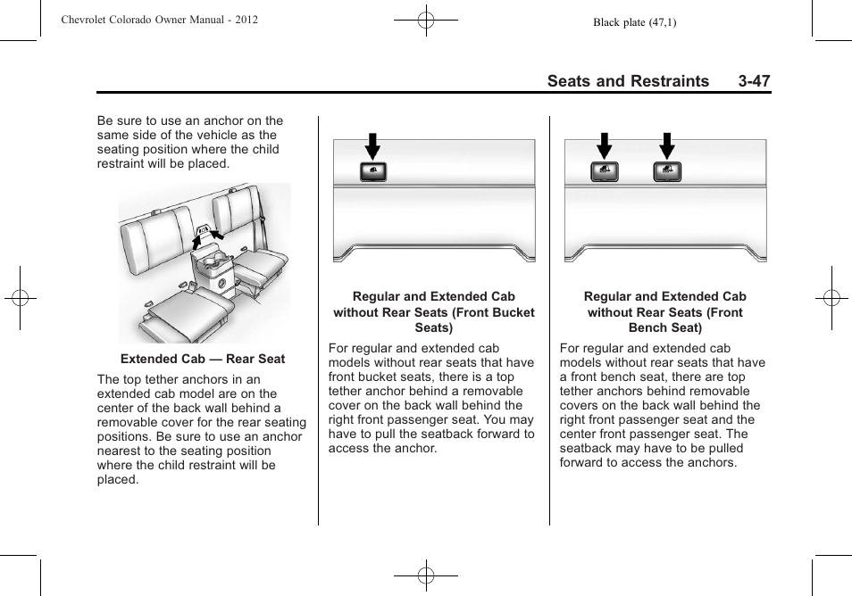 Seats and restraints 3-47 | CHEVROLET 2012 Colorado User Manual | Page 95 / 408