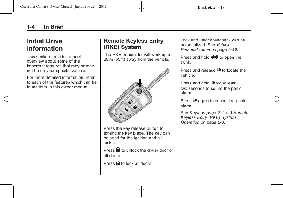 Initial drive information, Remote keyless entry (rke) system | CHEVROLET 2012 Camaro User Manual | Page 10 / 444