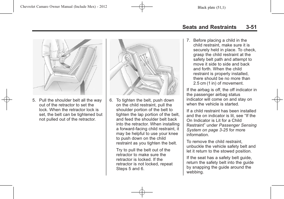 Seats and restraints 3-51 | CHEVROLET 2012 Camaro User Manual | Page 101 / 444