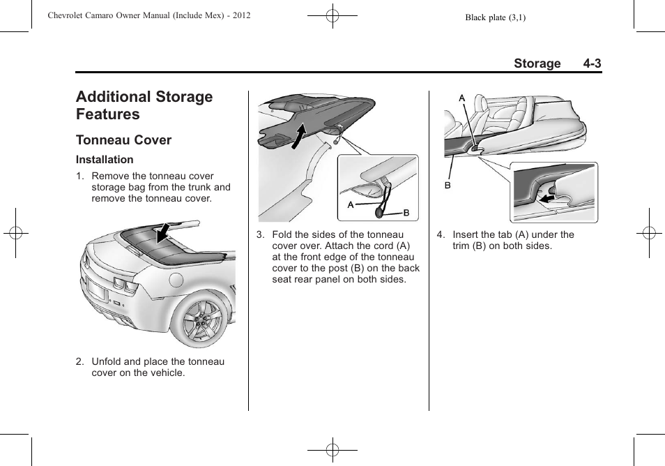 Additional storage features, Tonneau cover | CHEVROLET 2012 Camaro User Manual | Page 105 / 444