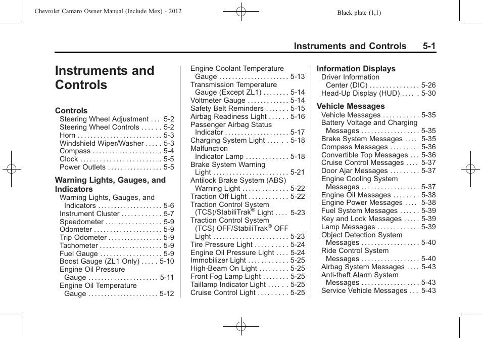 Instruments and controls, Instruments and controls 5-1 | CHEVROLET 2012 Camaro User Manual | Page 109 / 444