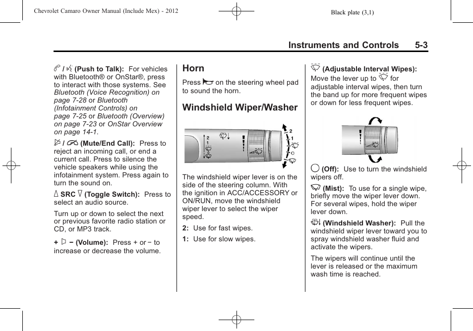 Horn, Windshield wiper/washer | CHEVROLET 2012 Camaro User Manual | Page 111 / 444