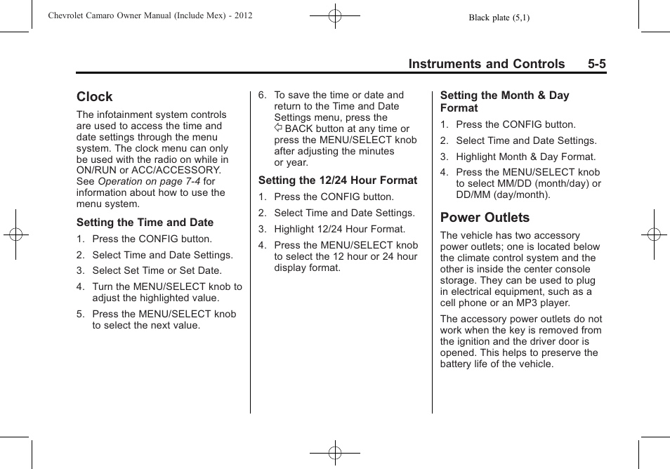 Clock, Power outlets | CHEVROLET 2012 Camaro User Manual | Page 113 / 444