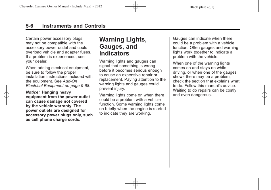 Warning lights, gauges, and indicators | CHEVROLET 2012 Camaro User Manual | Page 114 / 444