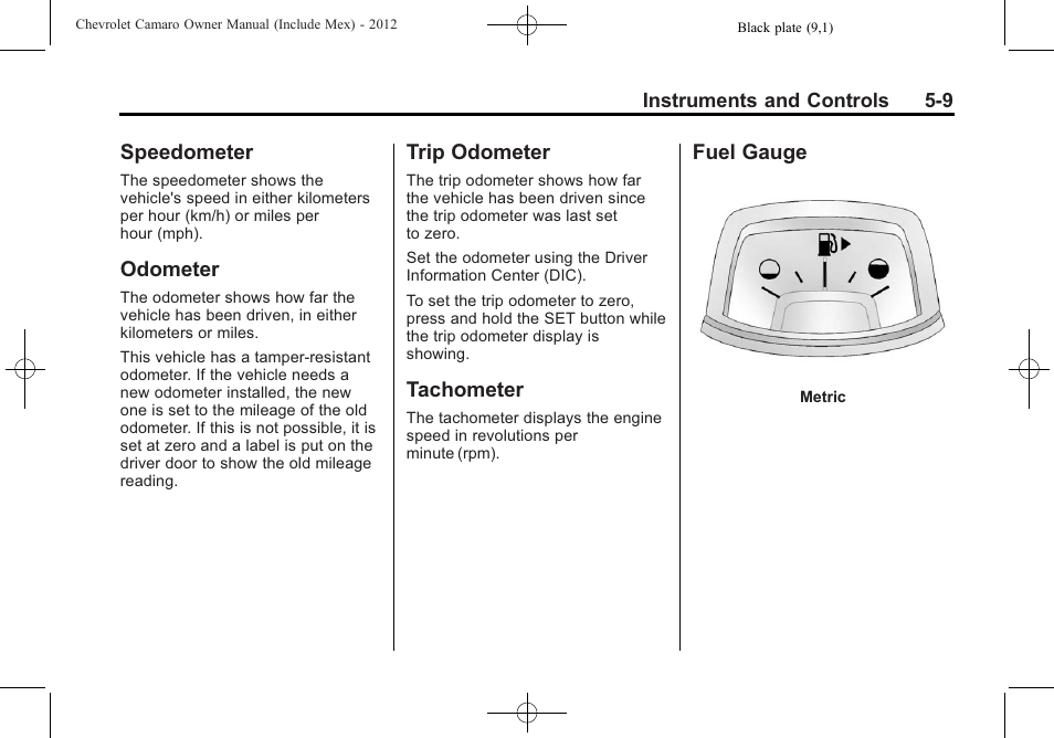 Speedometer, Odometer, Trip odometer | Tachometer, Fuel gauge | CHEVROLET 2012 Camaro User Manual | Page 117 / 444