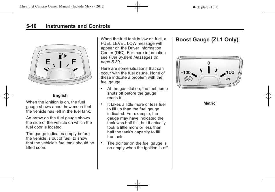 Boost gauge (zl1 only), 10 instruments and controls | CHEVROLET 2012 Camaro User Manual | Page 118 / 444