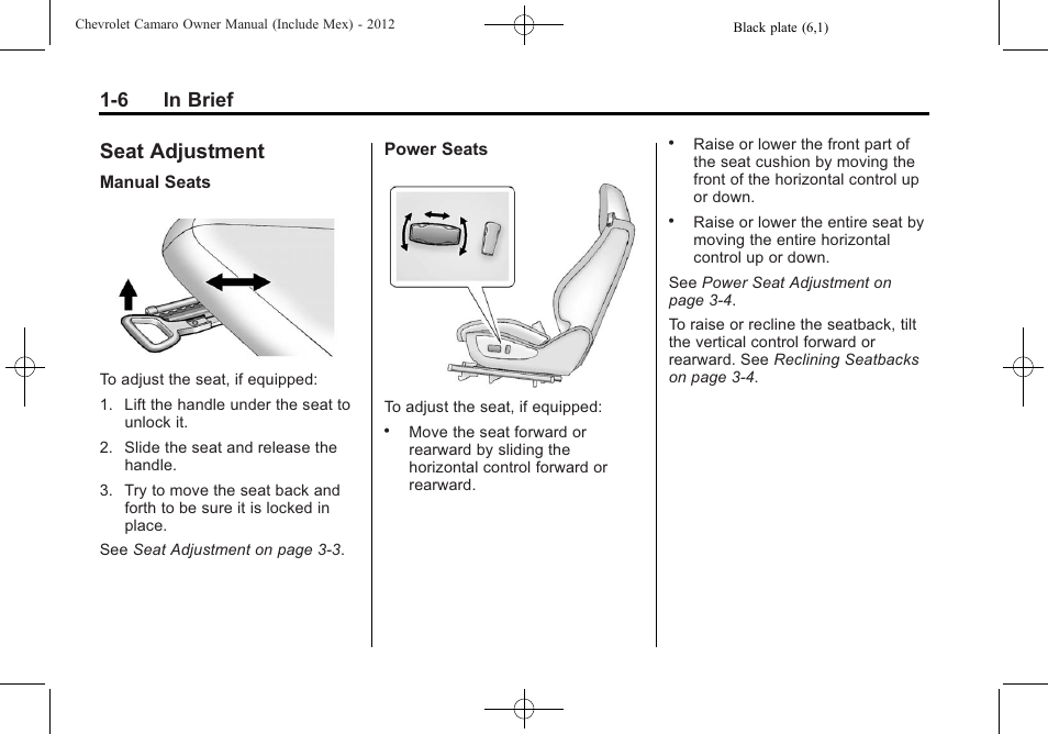 Seat adjustment, 6 in brief | CHEVROLET 2012 Camaro User Manual | Page 12 / 444