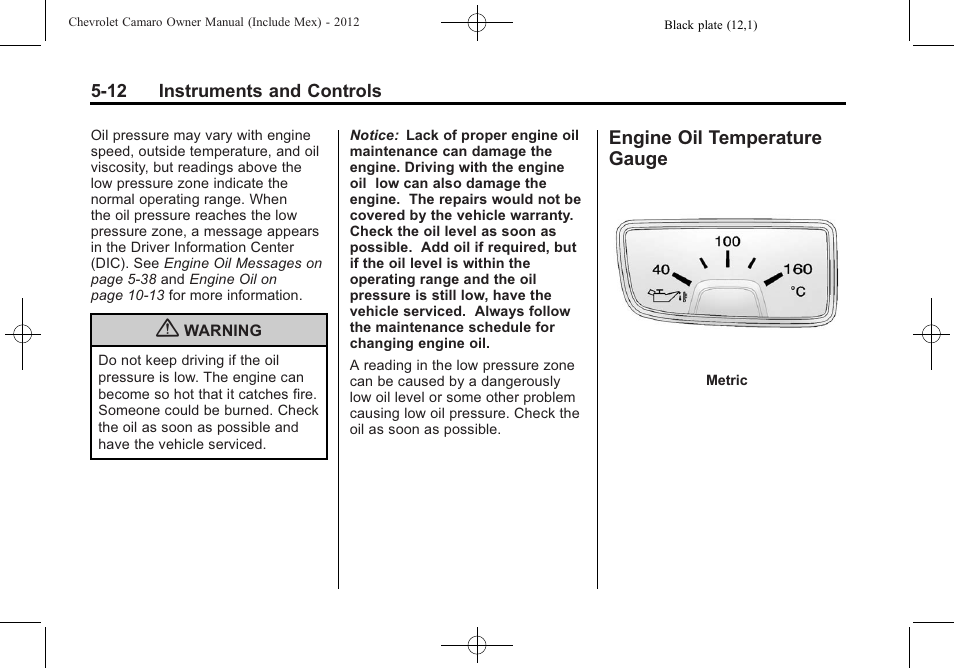Engine oil temperature gauge | CHEVROLET 2012 Camaro User Manual | Page 120 / 444
