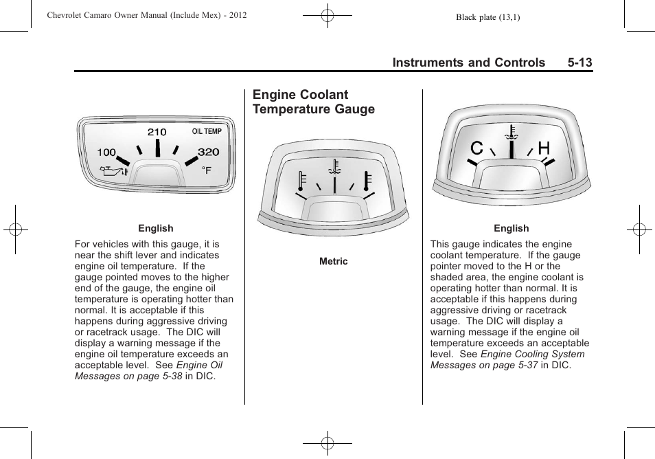 Engine coolant temperature gauge | CHEVROLET 2012 Camaro User Manual | Page 121 / 444