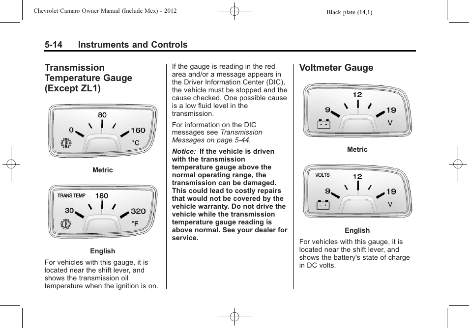 Transmission temperature gauge (except zl1), Voltmeter gauge | CHEVROLET 2012 Camaro User Manual | Page 122 / 444