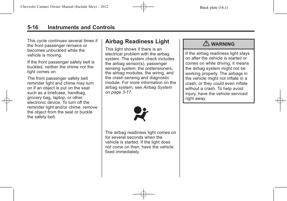 Airbag readiness light | CHEVROLET 2012 Camaro User Manual | Page 124 / 444