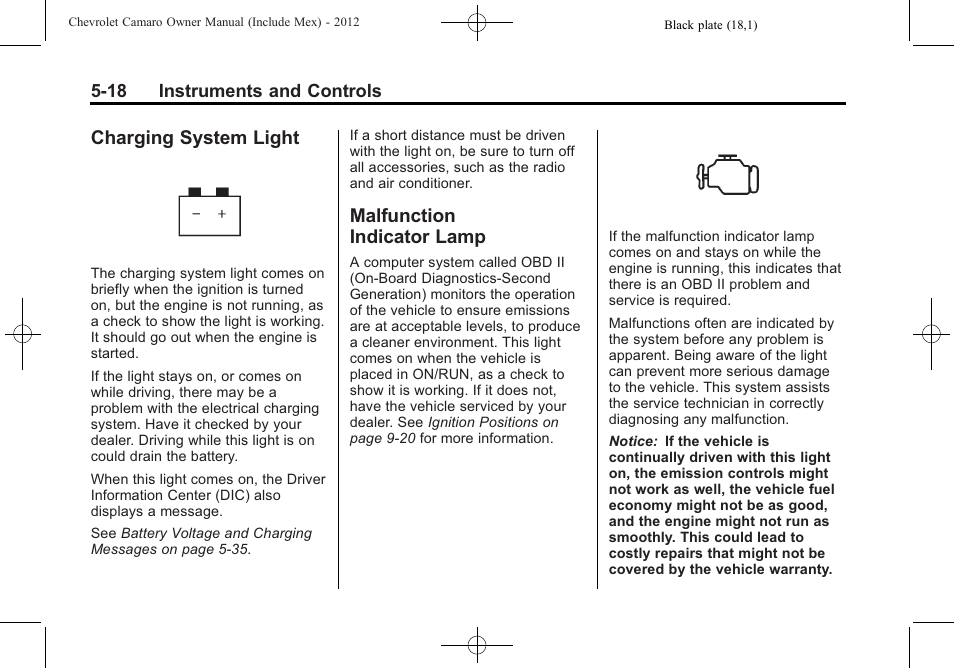 Charging system light, Malfunction indicator lamp | CHEVROLET 2012 Camaro User Manual | Page 126 / 444