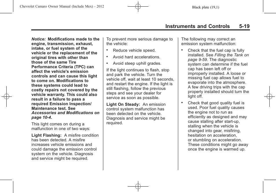 Instruments and controls 5-19 | CHEVROLET 2012 Camaro User Manual | Page 127 / 444