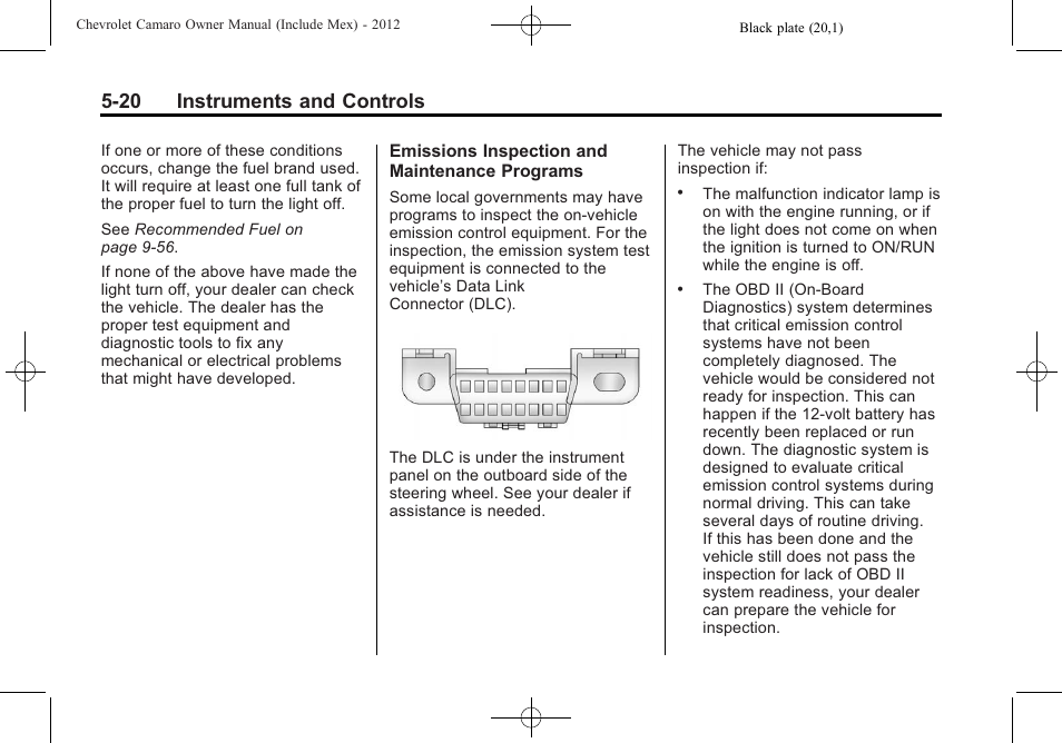 20 instruments and controls | CHEVROLET 2012 Camaro User Manual | Page 128 / 444
