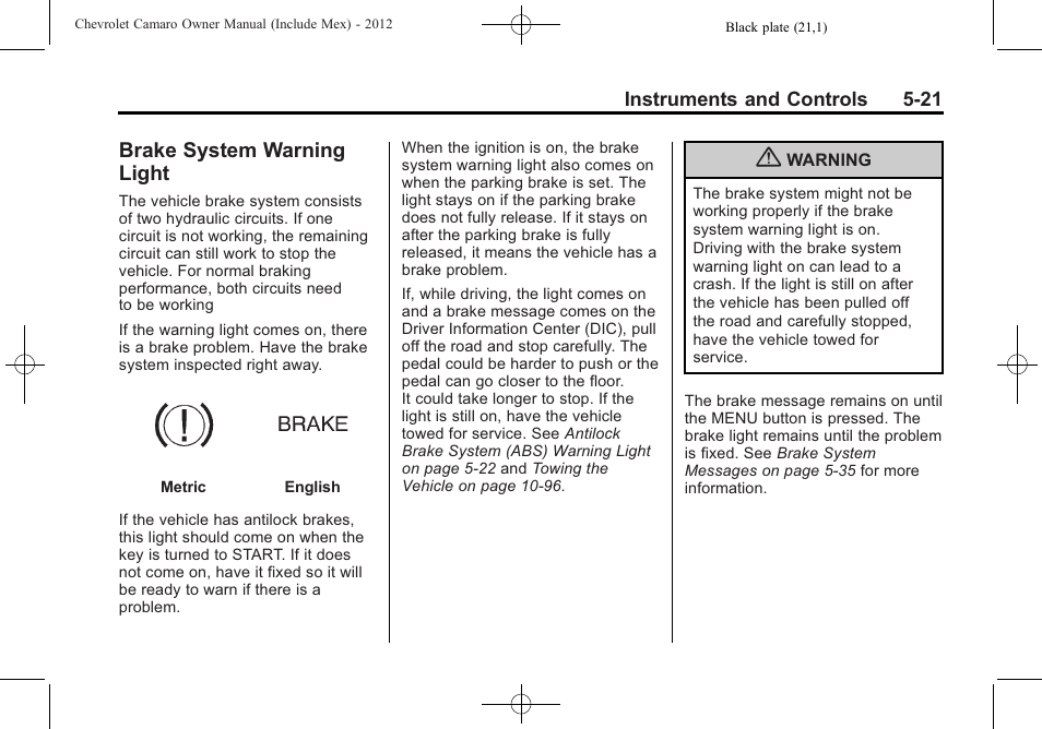 Brake system warning light | CHEVROLET 2012 Camaro User Manual | Page 129 / 444
