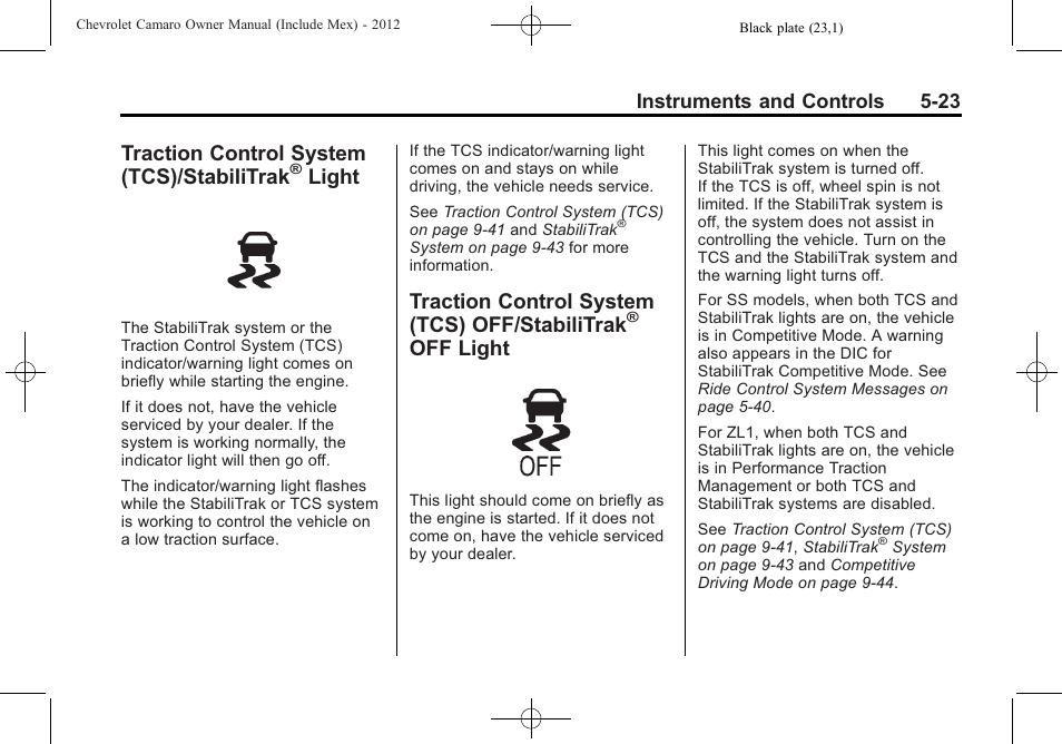 Traction control system (tcs)/stabilitrak® light, Traction control system (tcs)/stabilitrak, Light | Traction control system (tcs) off/stabilitrak, Off light, Instruments and controls 5-23 | CHEVROLET 2012 Camaro User Manual | Page 131 / 444