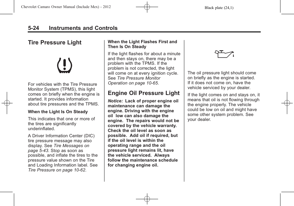 Tire pressure light, Engine oil pressure light | CHEVROLET 2012 Camaro User Manual | Page 132 / 444