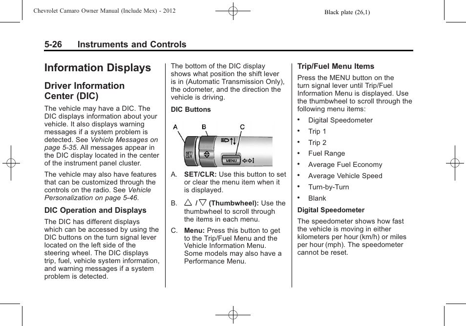 Information displays, Driver information center (dic), 26 instruments and controls | CHEVROLET 2012 Camaro User Manual | Page 134 / 444