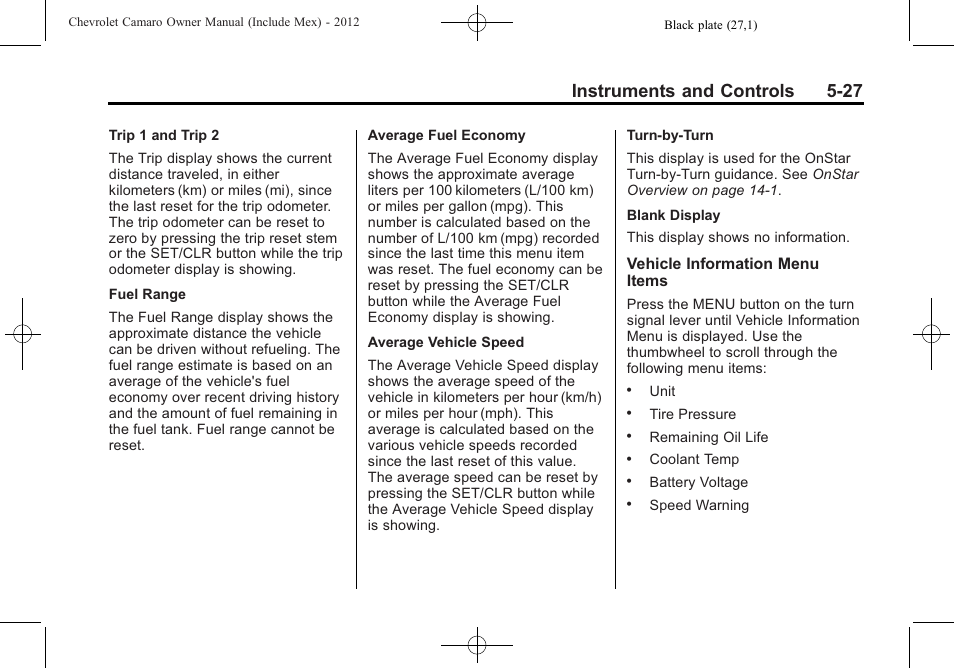 Instruments and controls 5-27 | CHEVROLET 2012 Camaro User Manual | Page 135 / 444