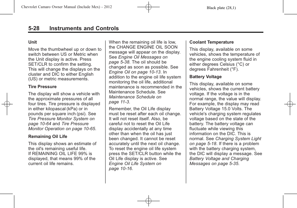 28 instruments and controls | CHEVROLET 2012 Camaro User Manual | Page 136 / 444