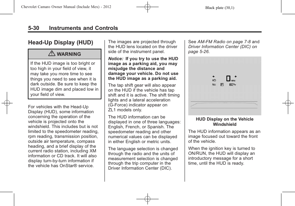 Head-up display (hud) | CHEVROLET 2012 Camaro User Manual | Page 138 / 444