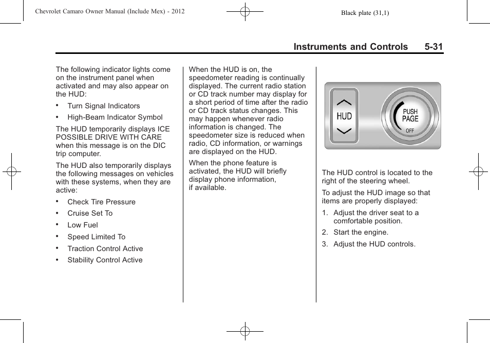 Instruments and controls 5-31 | CHEVROLET 2012 Camaro User Manual | Page 139 / 444