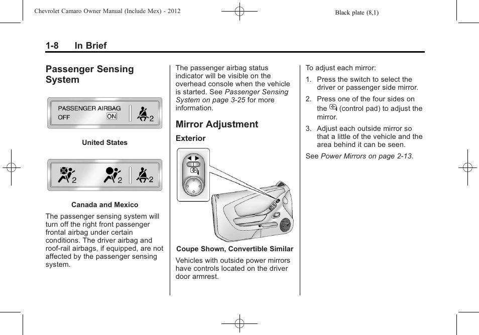 Passenger sensing system, Mirror adjustment | CHEVROLET 2012 Camaro User Manual | Page 14 / 444