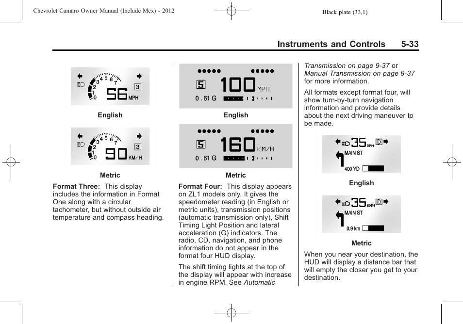 Instruments and controls 5-33 | CHEVROLET 2012 Camaro User Manual | Page 141 / 444
