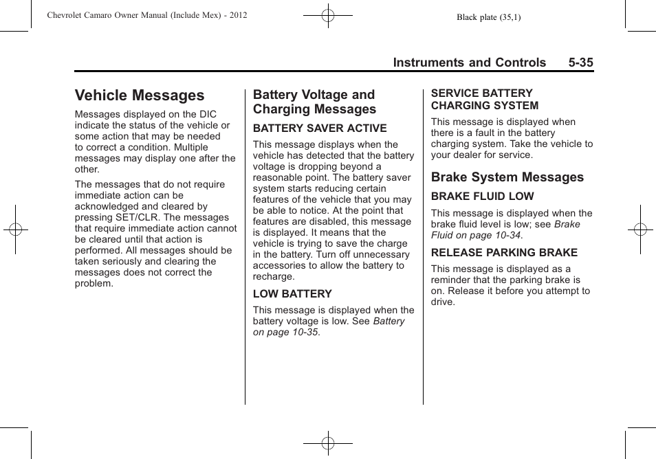 Vehicle messages, Battery voltage and charging messages, Brake system messages | CHEVROLET 2012 Camaro User Manual | Page 143 / 444