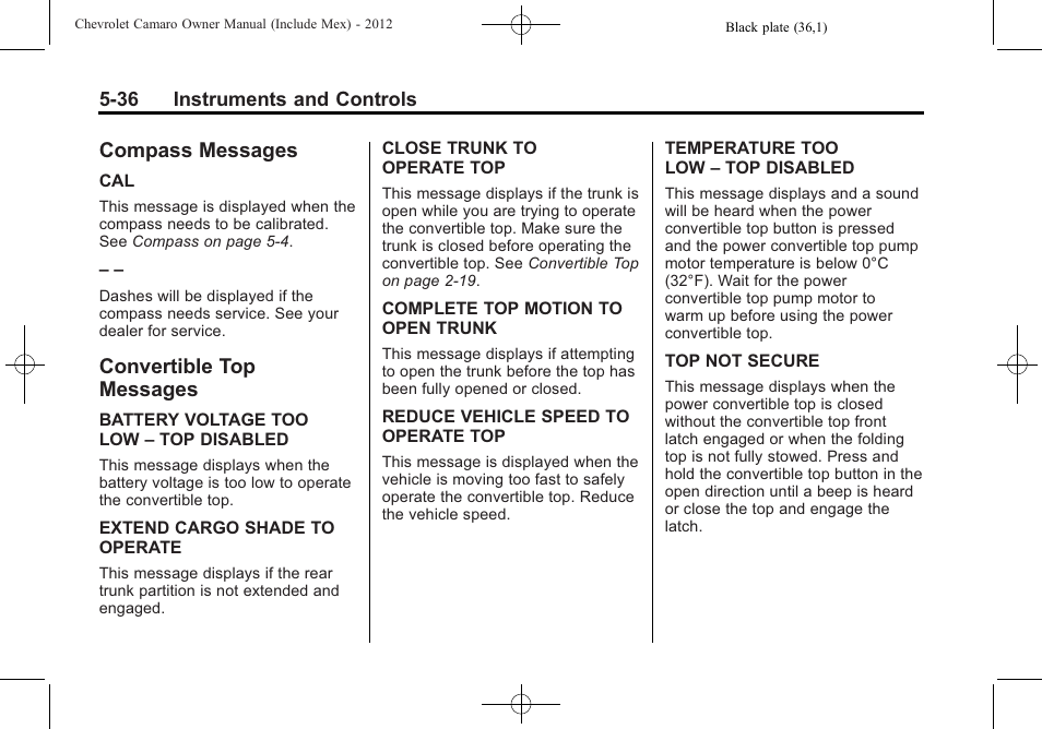 Compass messages, Convertible top messages | CHEVROLET 2012 Camaro User Manual | Page 144 / 444