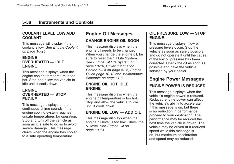 Engine oil messages, Engine power messages | CHEVROLET 2012 Camaro User Manual | Page 146 / 444