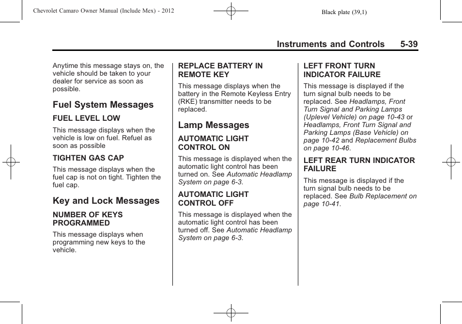Fuel system messages, Key and lock messages, Lamp messages | CHEVROLET 2012 Camaro User Manual | Page 147 / 444