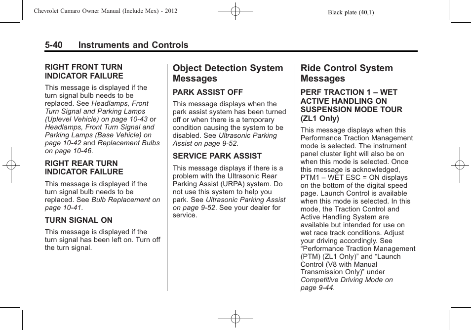 Object detection system messages, Ride control system messages | CHEVROLET 2012 Camaro User Manual | Page 148 / 444