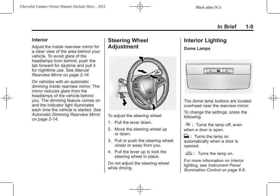Steering wheel adjustment, Interior lighting | CHEVROLET 2012 Camaro User Manual | Page 15 / 444