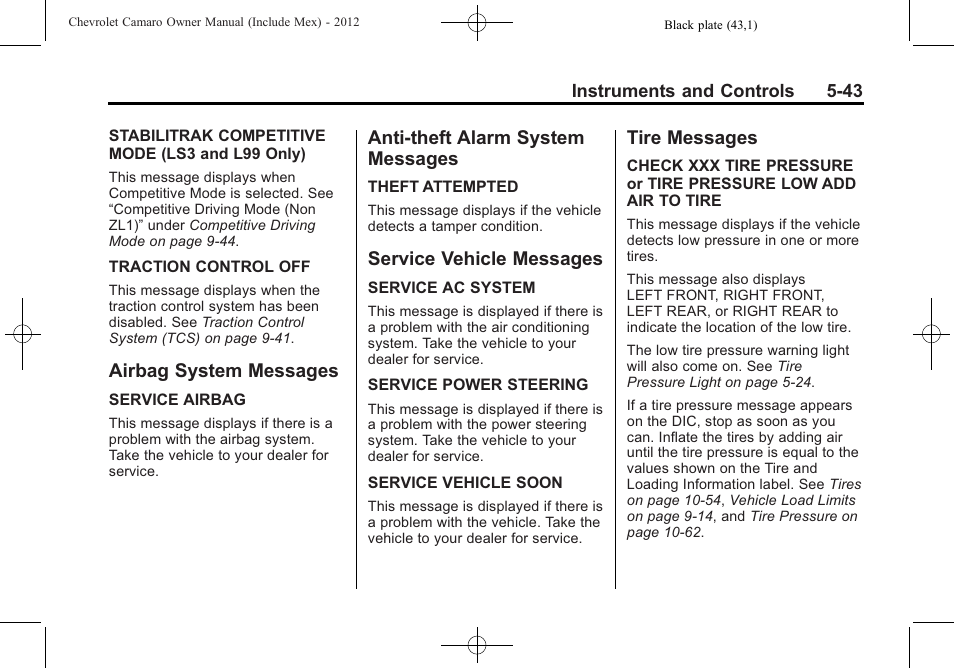 Airbag system messages, Anti-theft alarm system messages, Service vehicle messages | Tire messages | CHEVROLET 2012 Camaro User Manual | Page 151 / 444