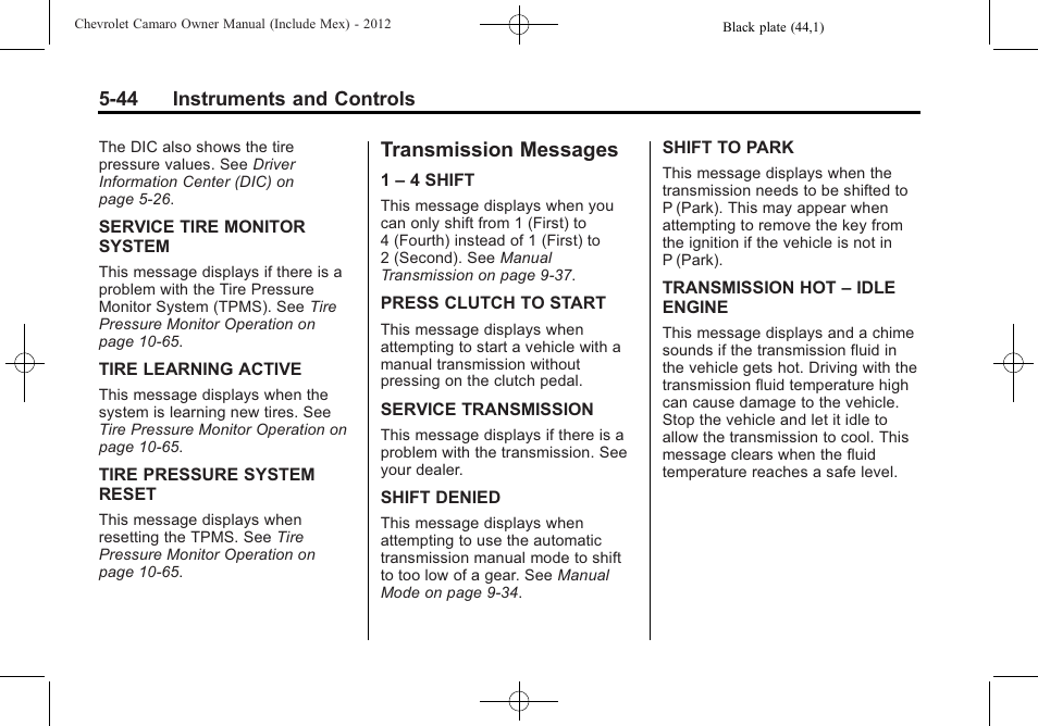 Transmission messages | CHEVROLET 2012 Camaro User Manual | Page 152 / 444