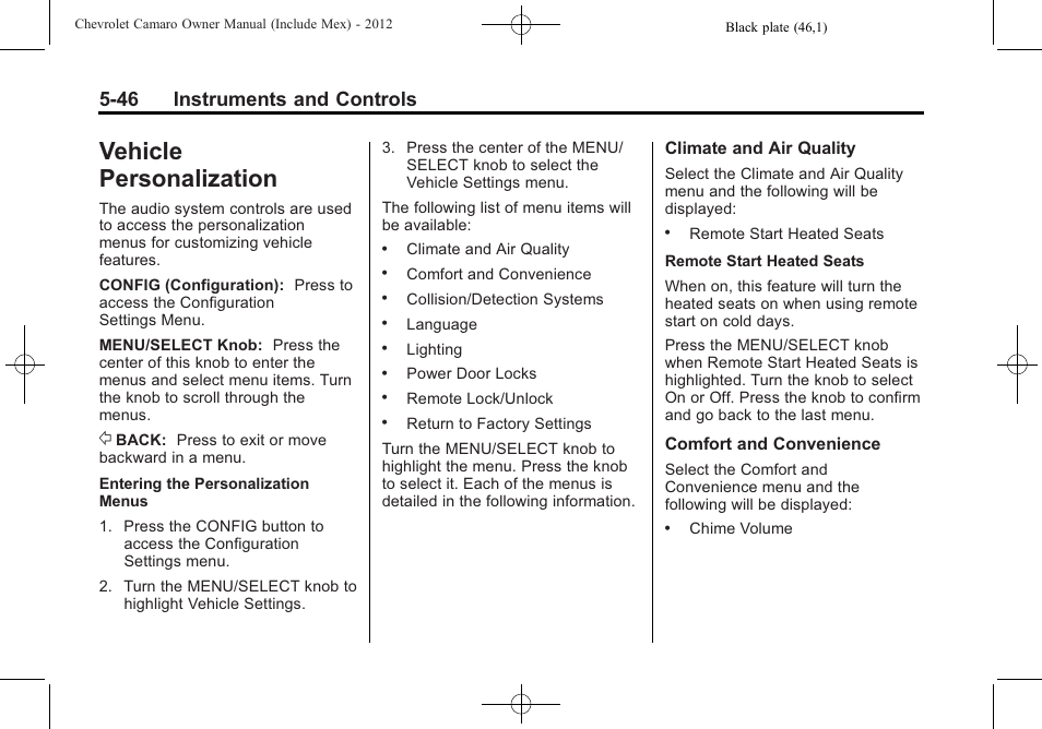 Vehicle personalization, 46 instruments and controls | CHEVROLET 2012 Camaro User Manual | Page 154 / 444