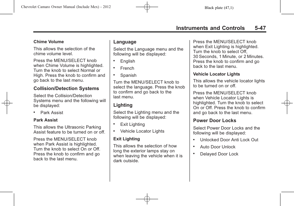 Instruments and controls 5-47 | CHEVROLET 2012 Camaro User Manual | Page 155 / 444