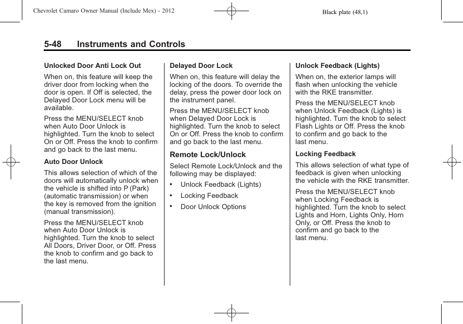 48 instruments and controls | CHEVROLET 2012 Camaro User Manual | Page 156 / 444